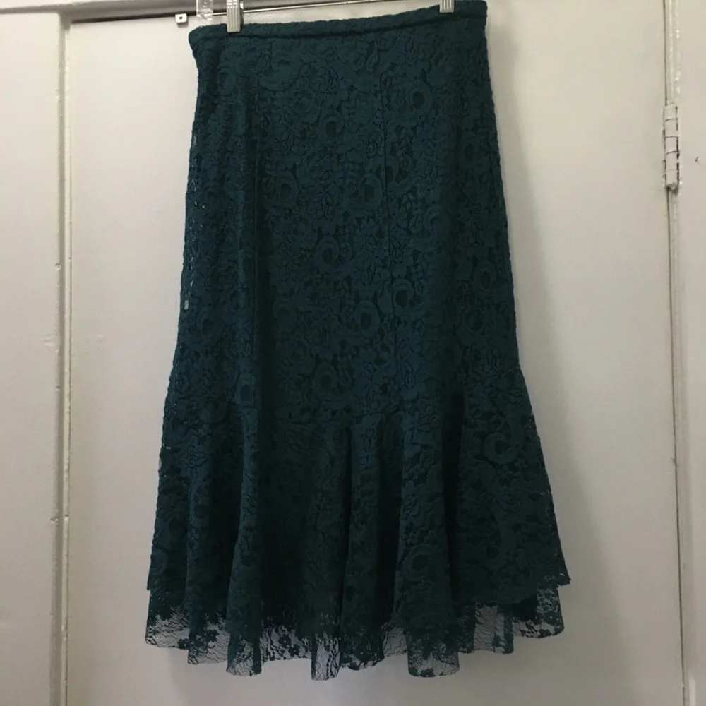 Anthropologie Teal Lace Asymmetrical Hem Skirt